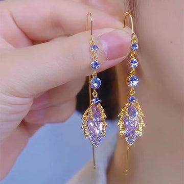 Elegant Purple Crystal Maple Leaf Long Tassel Ear Wire for Women New Fashion Exquisite Temperament Ladies Wedding Party
