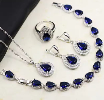HuiSept Silver Wedding Jewelry Set – Necklace, Earrings, Ring & Bracelet with Sapphire