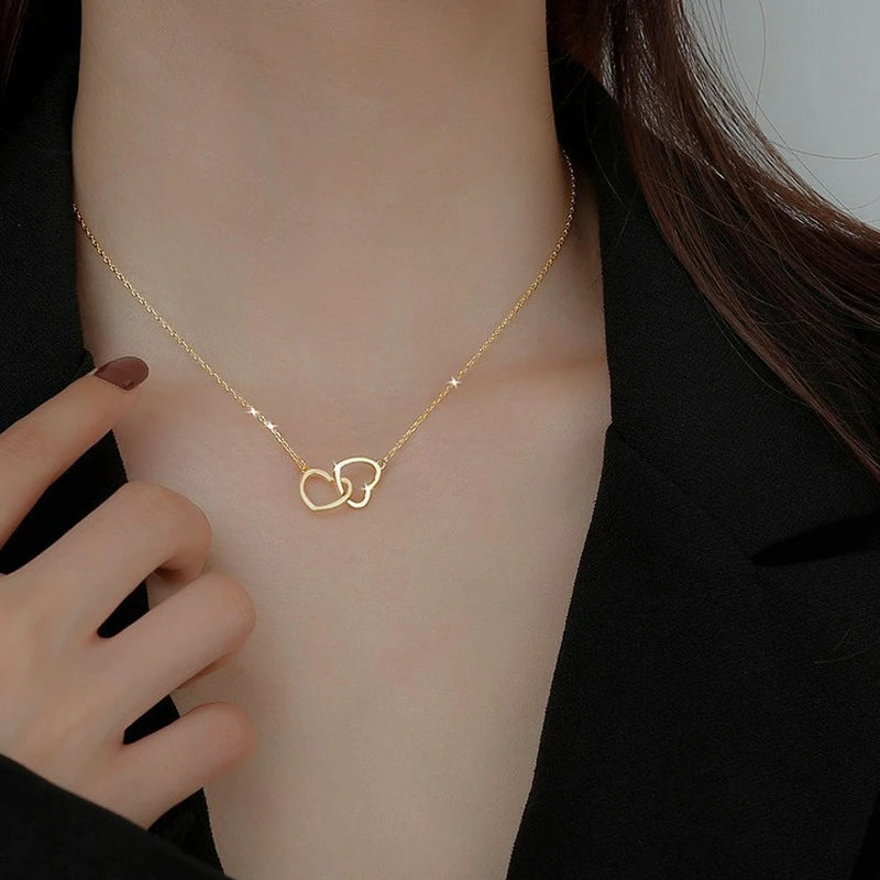 Simple Double Hollow Heart Pendant Necklace For Women Stainless Steel Metal Stylish Choker Valentine's Gift Romantic