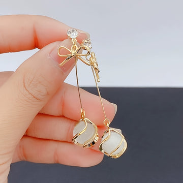 1 Pair Elegant Minimalist Long Earrings with Glass Beads and Bow Design for Women, Stylish Face Shape Accent